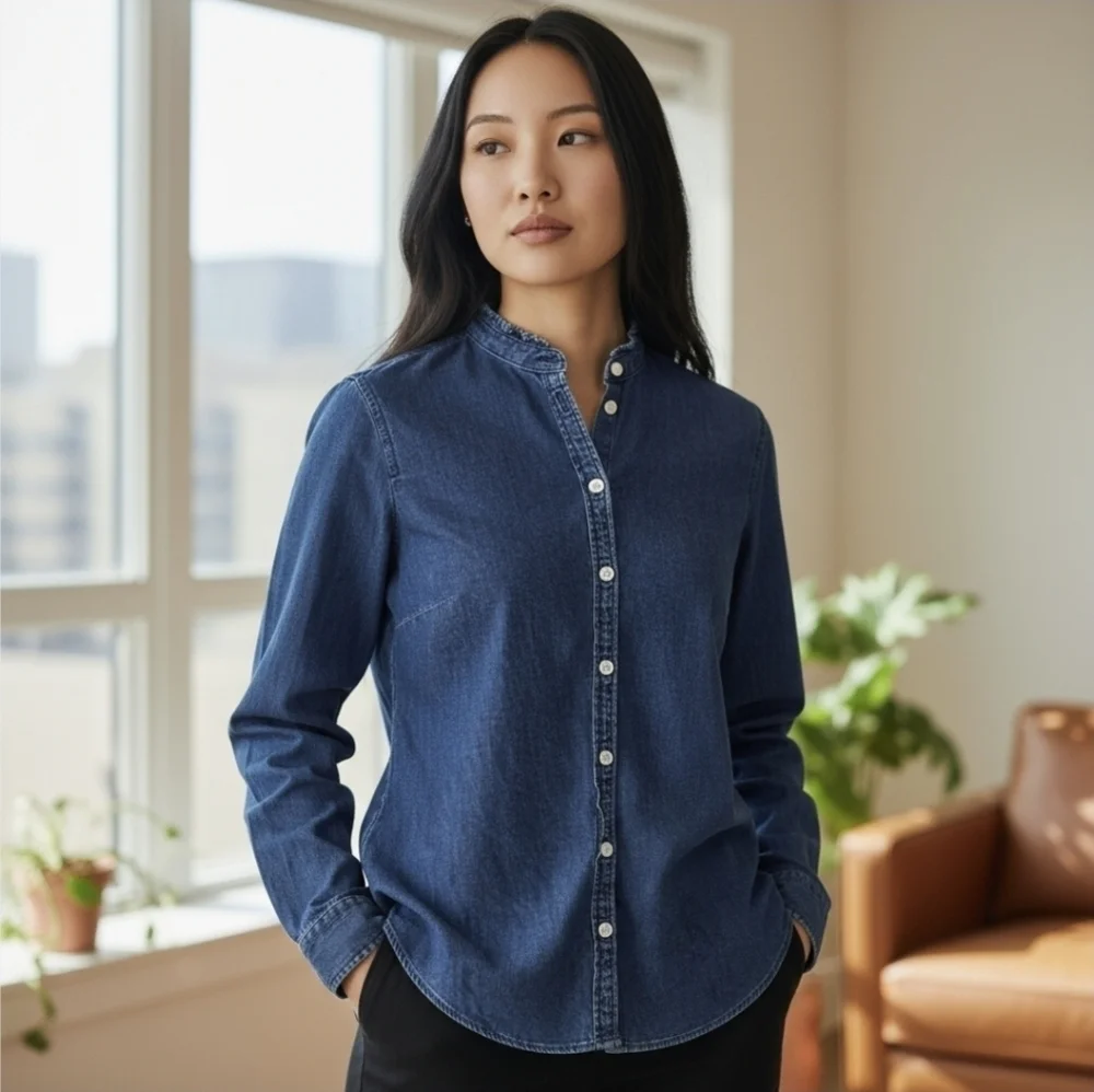 J. CREW | 100% COTTON DENIM RUFFLE NECK BUTTON DOWN BOYFRIEND SHIRT